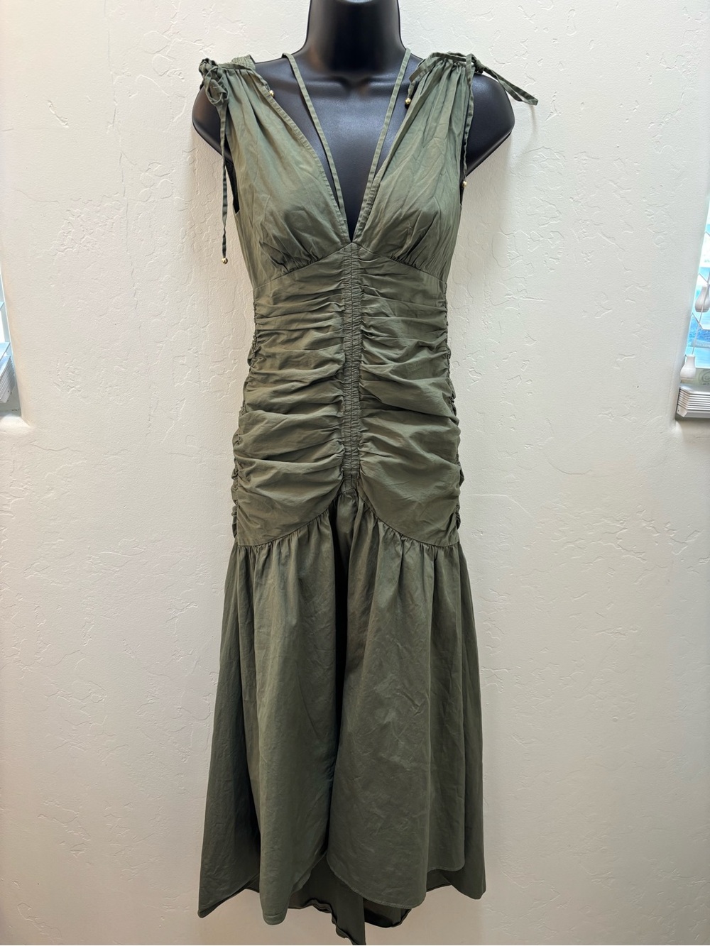 Veronica Beard Olive Green Ruched Sleeveless Maxi Dress